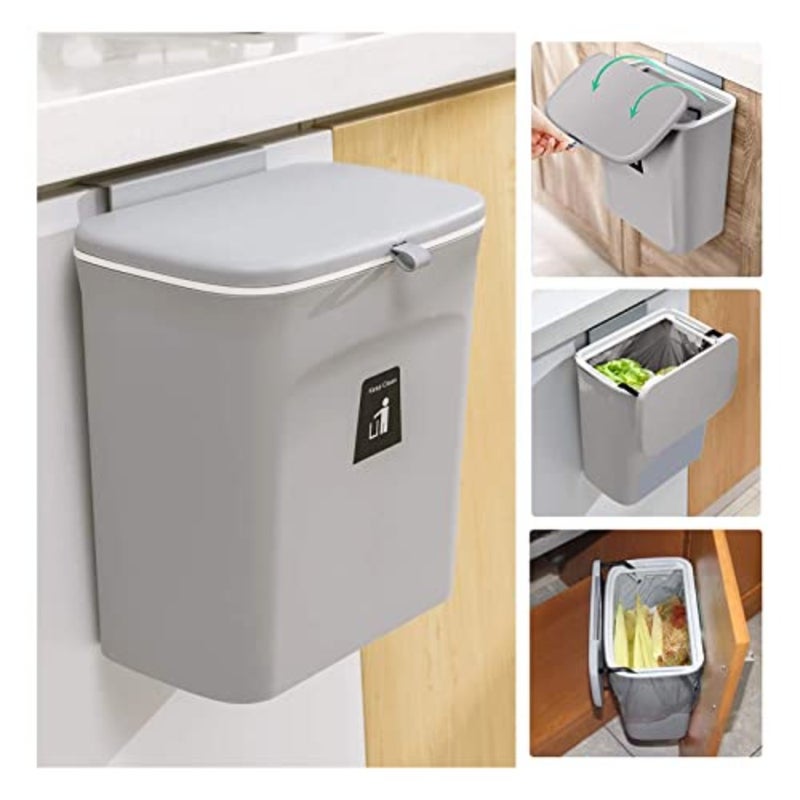 Kitchen Trash Can for Countertop or Under Sink, Mountable Indoor Composter, Hanging Small Trash Can with Lid for Cabinets/Bathroom/Bedroom/Office/Camping, 2.4 Gallon Grey - Image 1