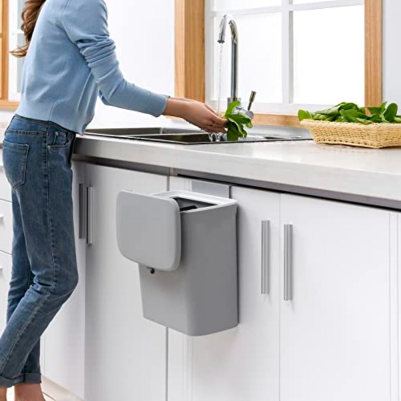 Kitchen Trash Can for Countertop or Under Sink, Mountable Indoor Composter, Hanging Small Trash Can with Lid for Cabinets/Bathroom/Bedroom/Office/Camping, 2.4 Gallon Grey - Image 5