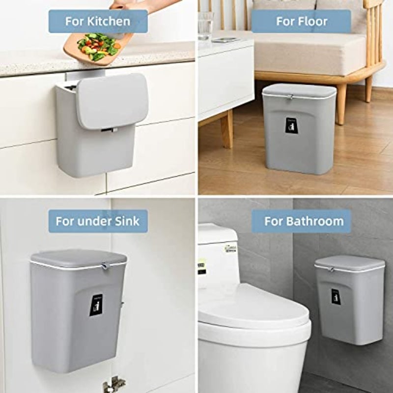Kitchen Trash Can for Countertop or Under Sink, Mountable Indoor Composter, Hanging Small Trash Can with Lid for Cabinets/Bathroom/Bedroom/Office/Camping, 2.4 Gallon Grey - Image 2