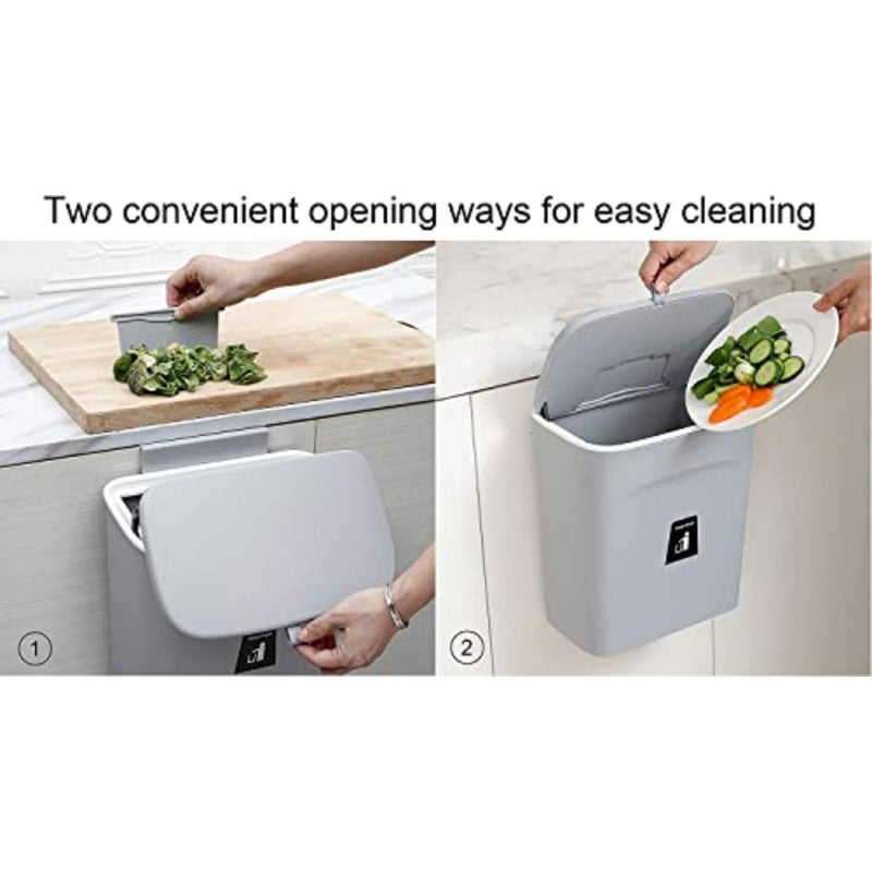 Kitchen Trash Can for Countertop or Under Sink, Mountable Indoor Composter, Hanging Small Trash Can with Lid for Cabinets/Bathroom/Bedroom/Office/Camping, 2.4 Gallon Grey - Image 3