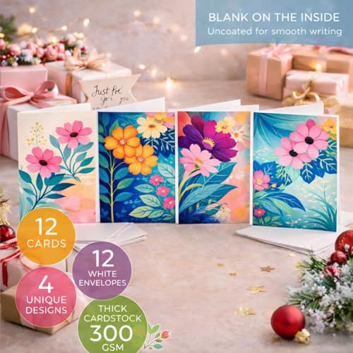 Brandian Floral Blank Notecards – Set of 12 with White Envelopes | All-Occasion Mini Greeting & Thank You Cards | Greeting Card - Image 5