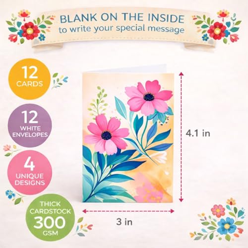 Brandian Floral Blank Notecards – Set of 12 with White Envelopes | All-Occasion Mini Greeting & Thank You Cards | Greeting Card - Image 3