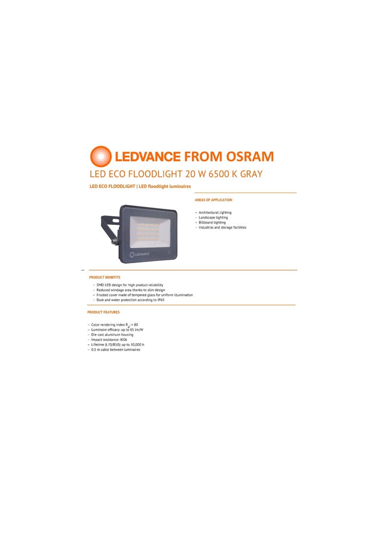 LEDVANCE LEDVANCE Outdoor/Indoor ECO LED Flood Floodlight Luminaires 20W, Car Park/Security/Architectural, Light Weight, Slim Design, IP65 Water Resistance, Day Light, 1700lm, 6500k, LEDV-ECO-FL-20W-DL  - Image 2