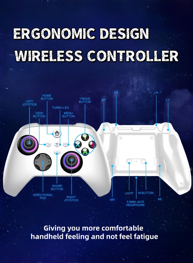 CoolRabbie RGB Wireless Gaming Controller For Xbox One, Xbox Series X/S, Xbox One X/S, PC, With 800mAh Battery, Programmable, Turbo Function, 4 Lighting Modes, With 2.4GHZ Wireless Adapter Gamepad With Hall Effect Joysticks , White - Image 3