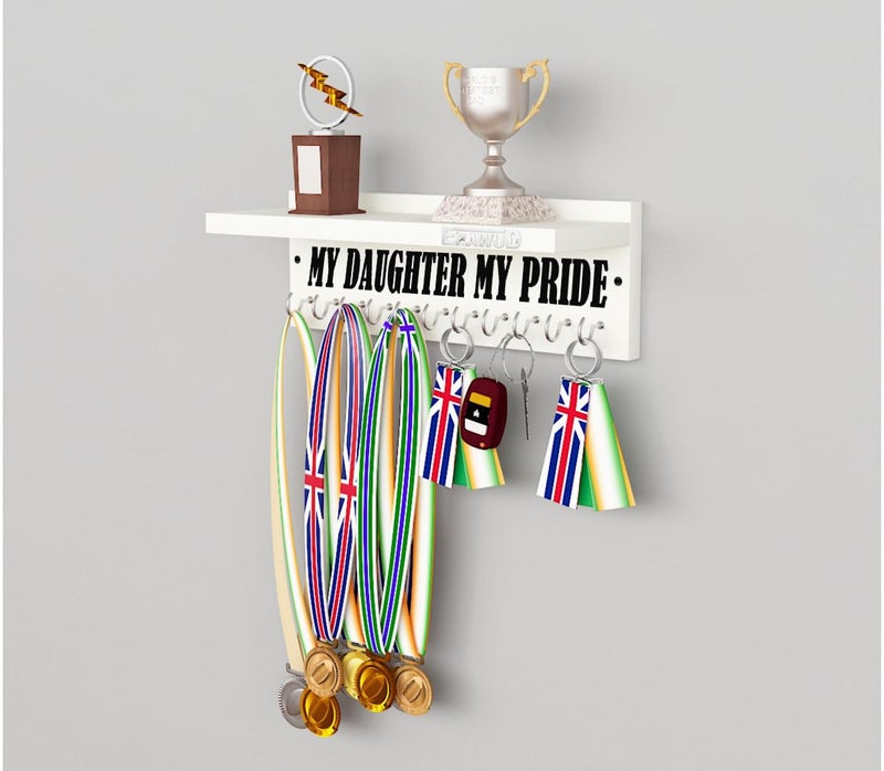 ERAWUD - Wooden Medal Holder Hanger Award, Medal Display Rack & Trophy Shelf Wall Mounted key chain holder MY DAUGHTER MY PRIDE Engineered Wood - White with 11 - Hooks - Image 2