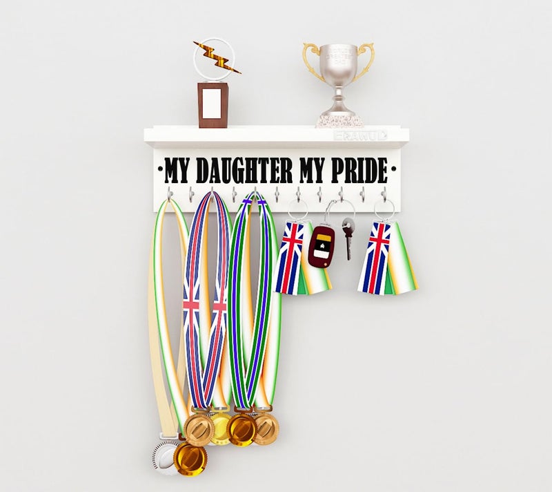 ERAWUD - Wooden Medal Holder Hanger Award, Medal Display Rack & Trophy Shelf Wall Mounted key chain holder MY DAUGHTER MY PRIDE Engineered Wood - White with 11 - Hooks - Image 1