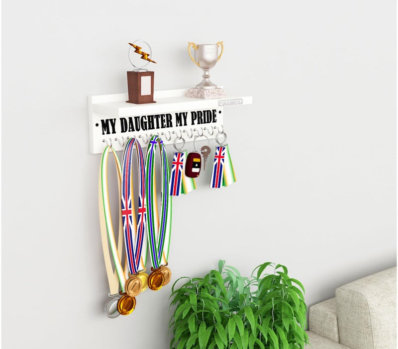 ERAWUD - Wooden Medal Holder Hanger Award, Medal Display Rack & Trophy Shelf Wall Mounted key chain holder MY DAUGHTER MY PRIDE Engineered Wood - White with 11 - Hooks - Image 4