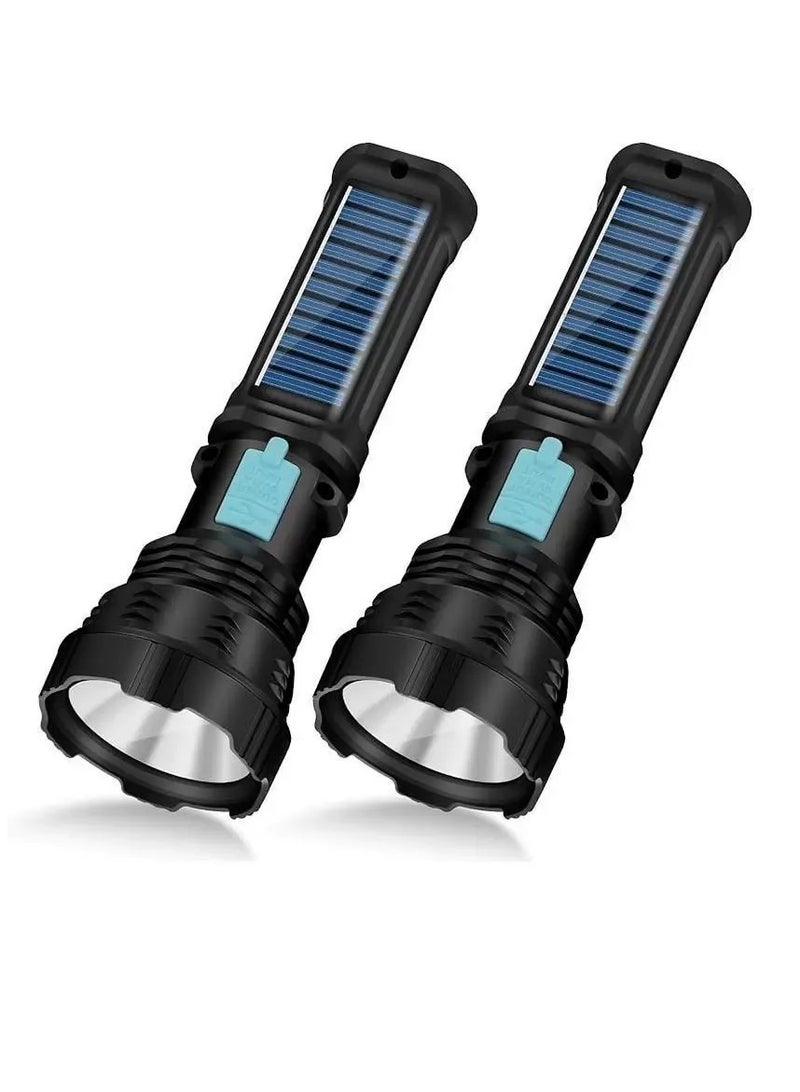 LED Solar Flashlight, IP65 Waterproof LED Handheld Rechargeable Flashlight, Portable High Brightness Torch, Sturdy And Durable Handheld Light For Indoor And Outdoor, (2pcs, Black) - Image 1