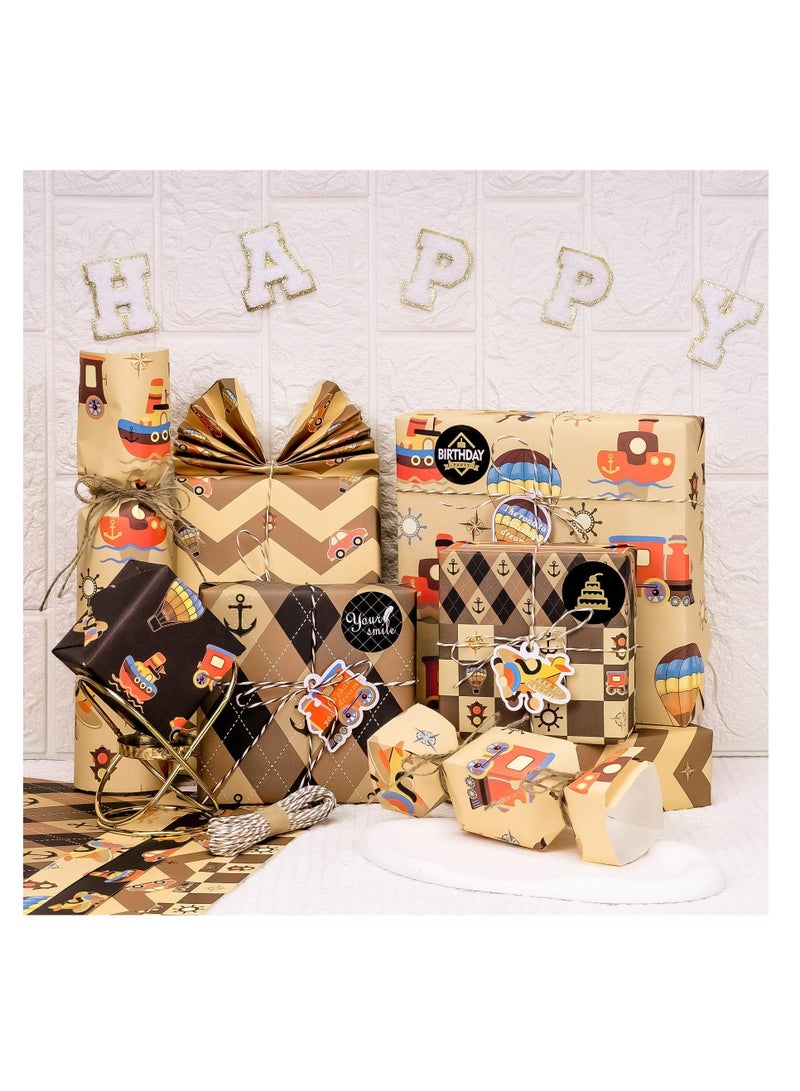 Birthday Wrapping Paper Sticker Tag, 5 Sheets Nautical Brown Wrapping Paper, Anchor Car Kraft Paper Tartan Gift Wrap for Birthday, Holiday, Baby Shower, Anniversary 70x50cm - Image 2