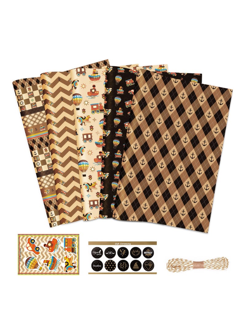 Birthday Wrapping Paper Sticker Tag, 5 Sheets Nautical Brown Wrapping Paper, Anchor Car Kraft Paper Tartan Gift Wrap for Birthday, Holiday, Baby Shower, Anniversary 70x50cm - Image 5