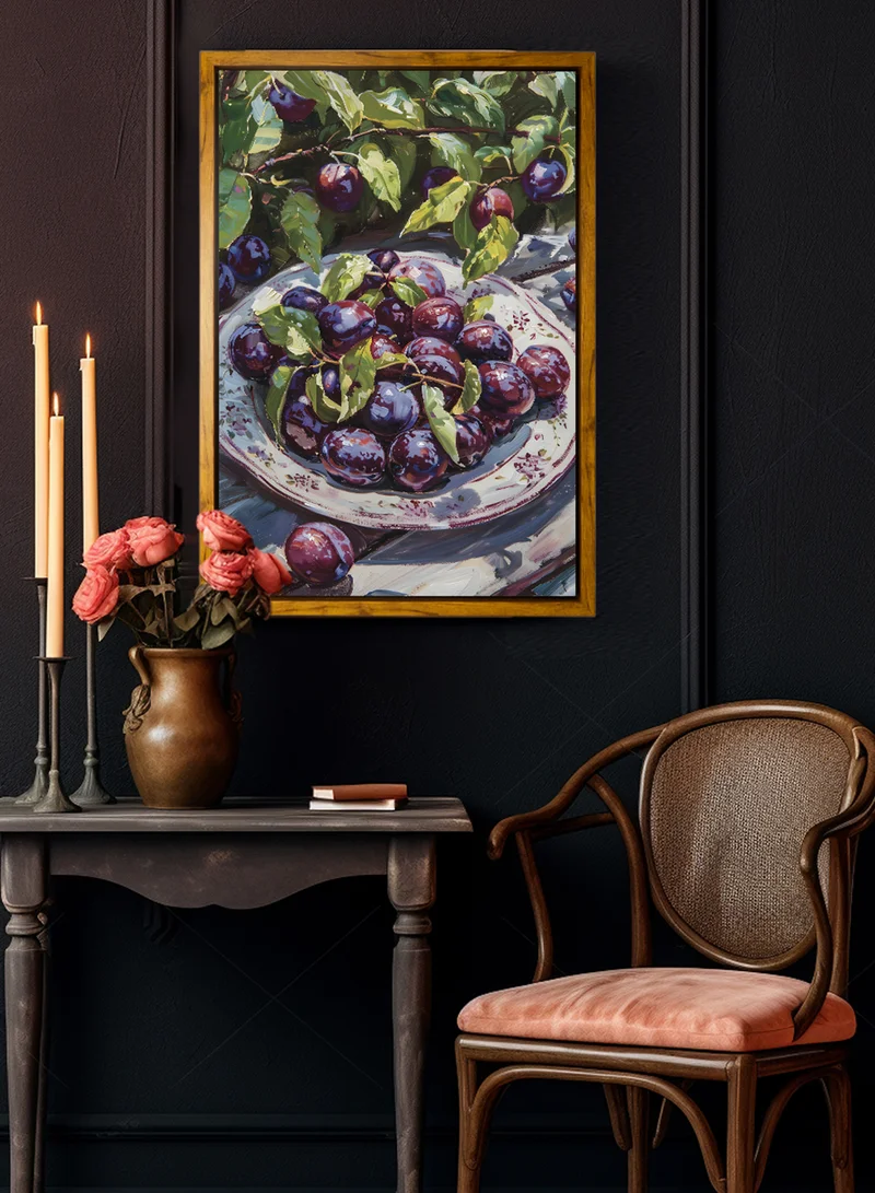 LOWHA Canvas Wall Art Stretched Over Wooden Frame with Wooden Color Floating Frame and Vintage Style Fruit Plate Painting