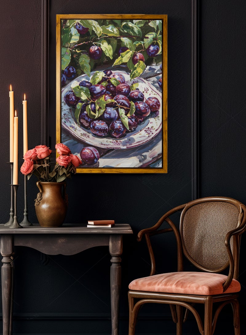LOWHA Canvas Wall Art Stretched Over Wooden Frame with Wooden Color Floating Frame and Vintage Style Fruit Plate Painting - Image 1