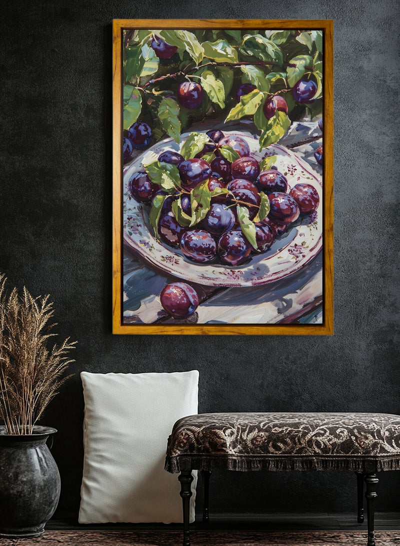 LOWHA Canvas Wall Art Stretched Over Wooden Frame with Wooden Color Floating Frame and Vintage Style Fruit Plate Painting - Image 4