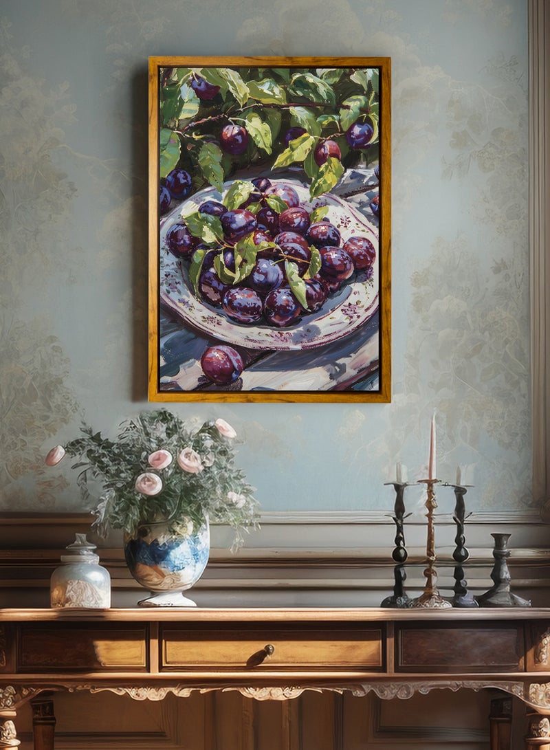 LOWHA Canvas Wall Art Stretched Over Wooden Frame with Wooden Color Floating Frame and Vintage Style Fruit Plate Painting - Image 3