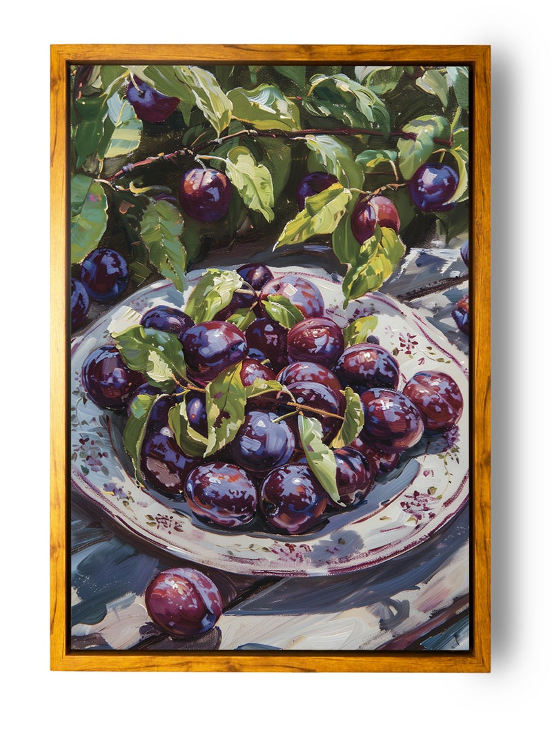 LOWHA Canvas Wall Art Stretched Over Wooden Frame with Wooden Color Floating Frame and Vintage Style Fruit Plate Painting - Image 5