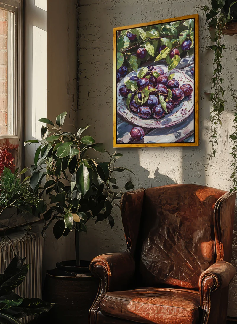 LOWHA Canvas Wall Art Stretched Over Wooden Frame with Wooden Color Floating Frame and Vintage Style Fruit Plate Painting