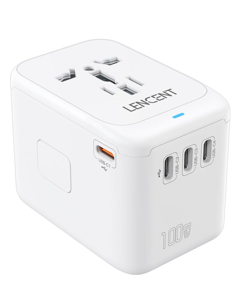100W International Travel Adapter GaN Universal Travel Adapter with 1 USBA  4 Type C Power Adapter Fast Charger for PhoneLaptops Worldwide Plug Adapter for USAUKEUAUS White