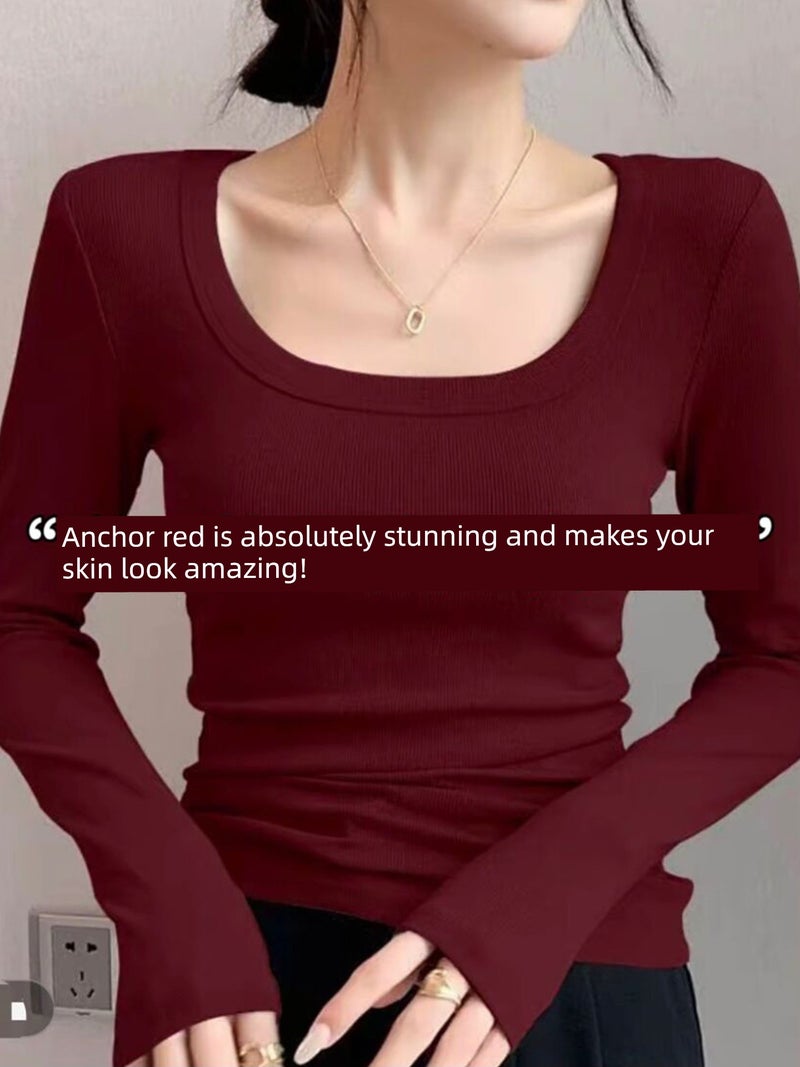 2025 New Sauce Purple U-neck Inner Wear Base Shirt Women's High-end Sense Versatile Shoulder Solid Color Threaded Top - Image 2