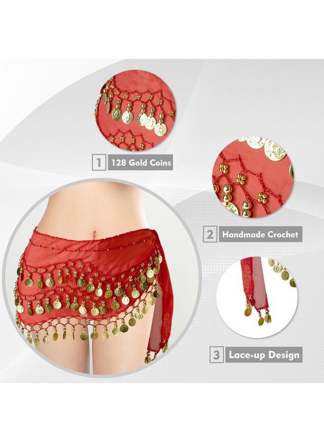 MOLFUJ Belly Dance Hip Scarf with 128 Gold Coins, Belly Dancer Belt Scarf Skirt for Women, Red - S, One size - Image 4