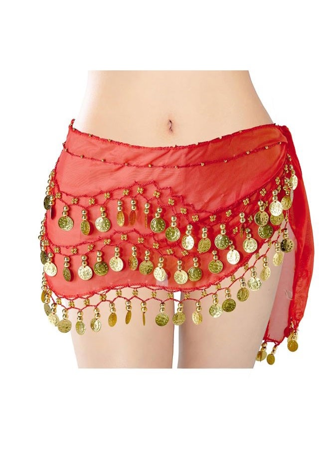 MOLFUJ Belly Dance Hip Scarf with 128 Gold Coins, Belly Dancer Belt Scarf Skirt for Women, Red - S, One size - Image 1