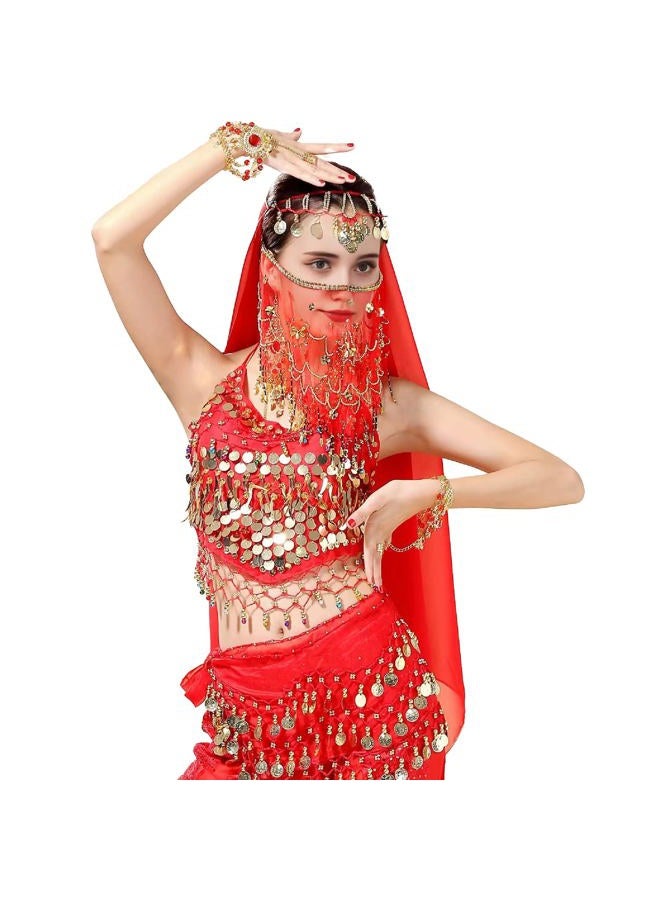 MOLFUJ Belly Dance Hip Scarf with 128 Gold Coins, Belly Dancer Belt Scarf Skirt for Women, Red - S, One size - Image 2