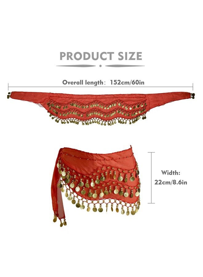 MOLFUJ Belly Dance Hip Scarf with 128 Gold Coins, Belly Dancer Belt Scarf Skirt for Women, Red - S, One size - Image 3