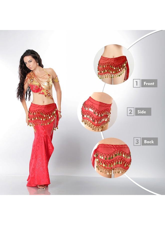 MOLFUJ Belly Dance Hip Scarf with 128 Gold Coins, Belly Dancer Belt Scarf Skirt for Women, Red - S, One size - Image 5
