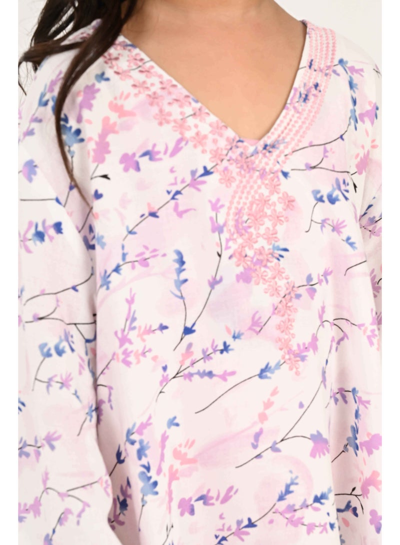 Linelle Kids Jalabiya – Blue, Pink and White Floral Abstract Print and Embroidery Detailing - Image 2