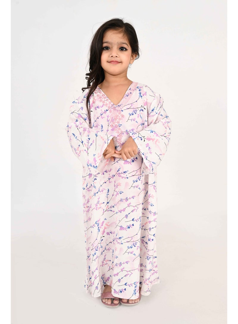 Linelle Kids Jalabiya – Blue, Pink and White Floral Abstract Print and Embroidery Detailing - Image 3