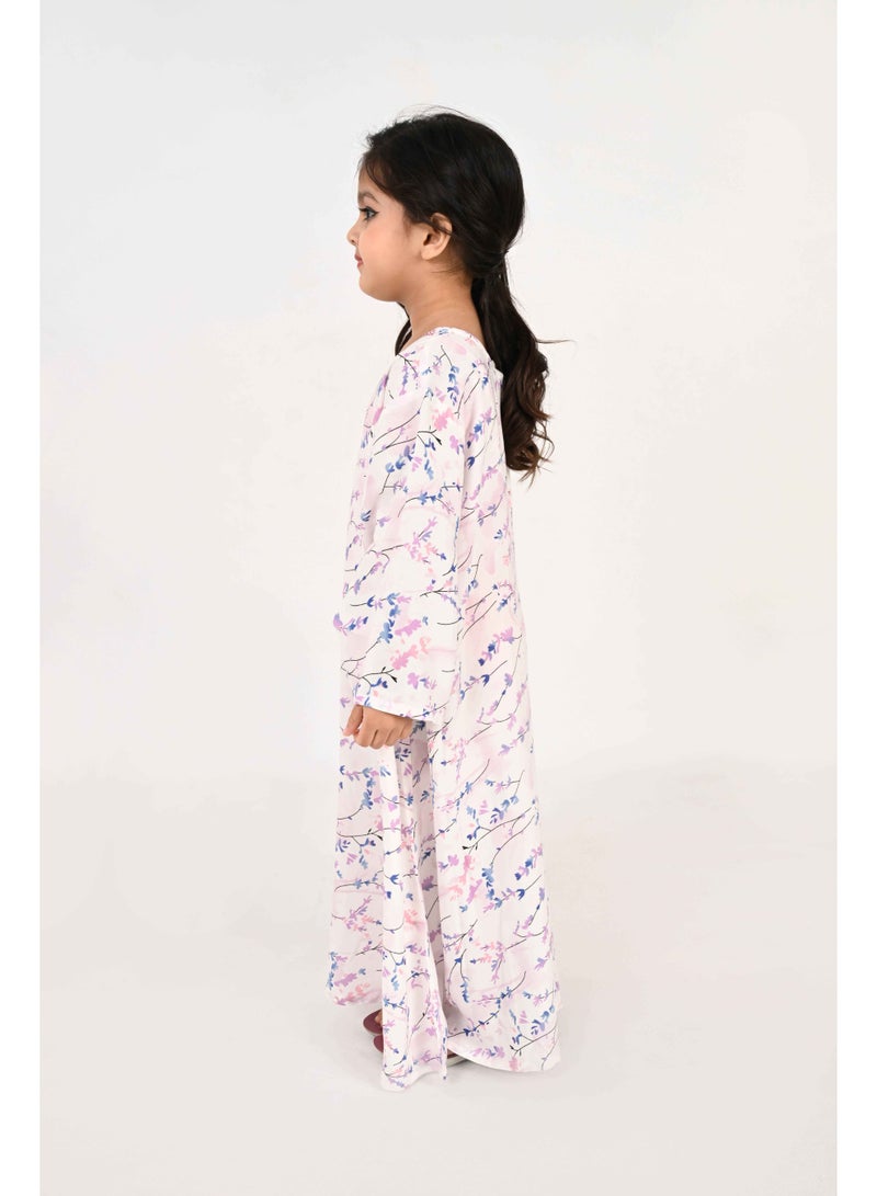 Linelle Kids Jalabiya – Blue, Pink and White Floral Abstract Print and Embroidery Detailing - Image 4