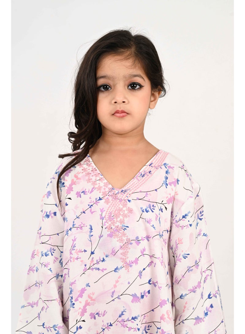 Linelle Kids Jalabiya – Blue, Pink and White Floral Abstract Print and Embroidery Detailing - Image 1