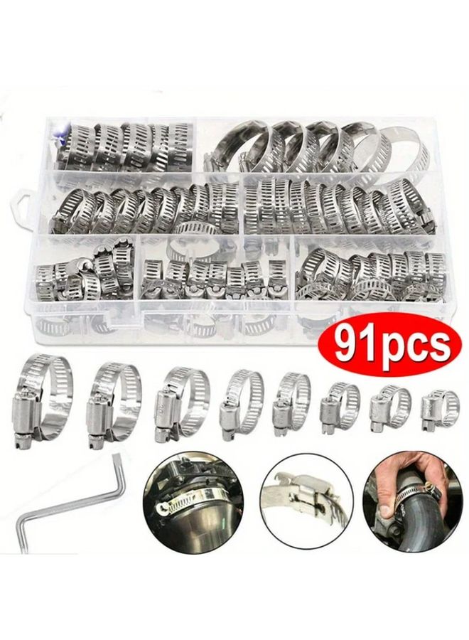 91pcs Stainless Steel Hose Clamp Assortment Kit With Z Wrench Silvery Color - Image 1