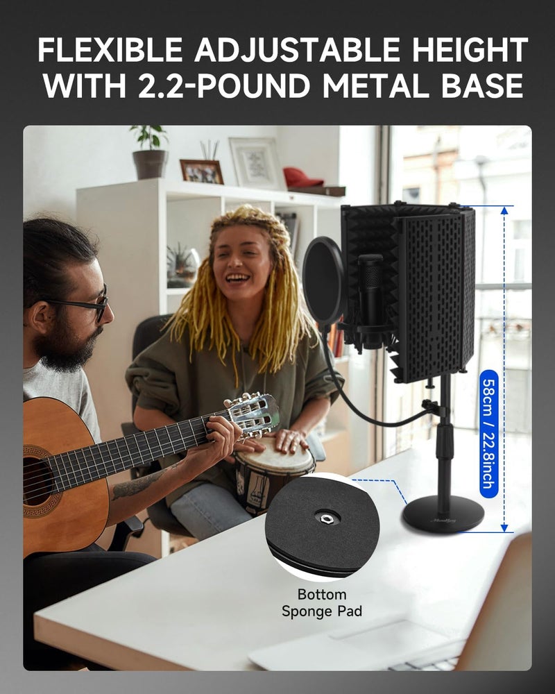 Moukey Microphone Isolation Shield, with Pop Filter& Table Stand, Foldable Mic Shield with Triple Sound Insulation, High Density Mic Sound Shield for Recording Studio, Podcasts, Singing, Broadcasting - Image 4