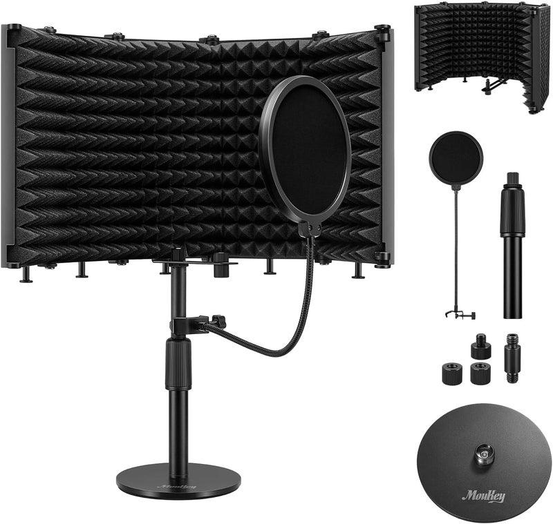 Moukey Microphone Isolation Shield, with Pop Filter& Table Stand, Foldable Mic Shield with Triple Sound Insulation, High Density Mic Sound Shield for Recording Studio, Podcasts, Singing, Broadcasting - Image 1
