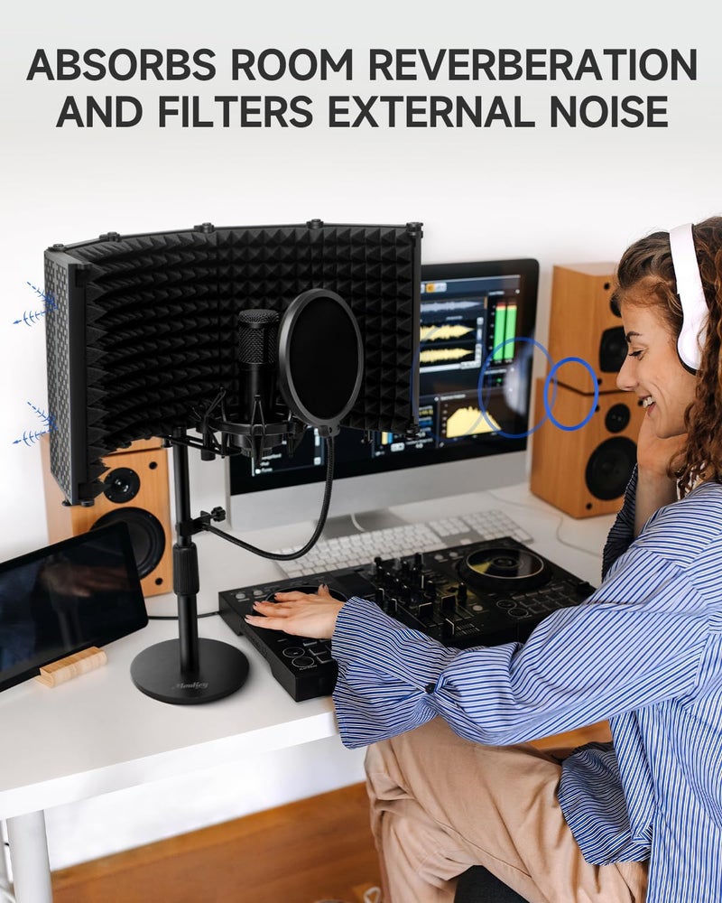 Moukey Microphone Isolation Shield, with Pop Filter& Table Stand, Foldable Mic Shield with Triple Sound Insulation, High Density Mic Sound Shield for Recording Studio, Podcasts, Singing, Broadcasting - Image 2