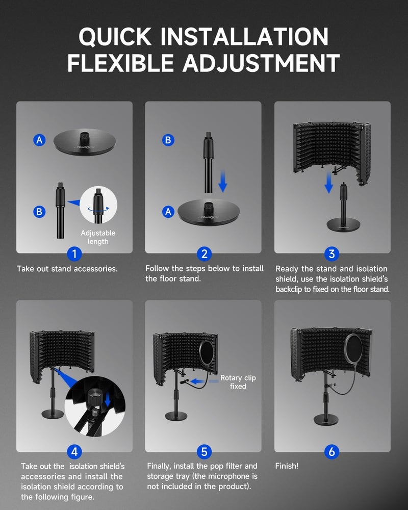 Moukey Microphone Isolation Shield, with Pop Filter& Table Stand, Foldable Mic Shield with Triple Sound Insulation, High Density Mic Sound Shield for Recording Studio, Podcasts, Singing, Broadcasting - Image 5
