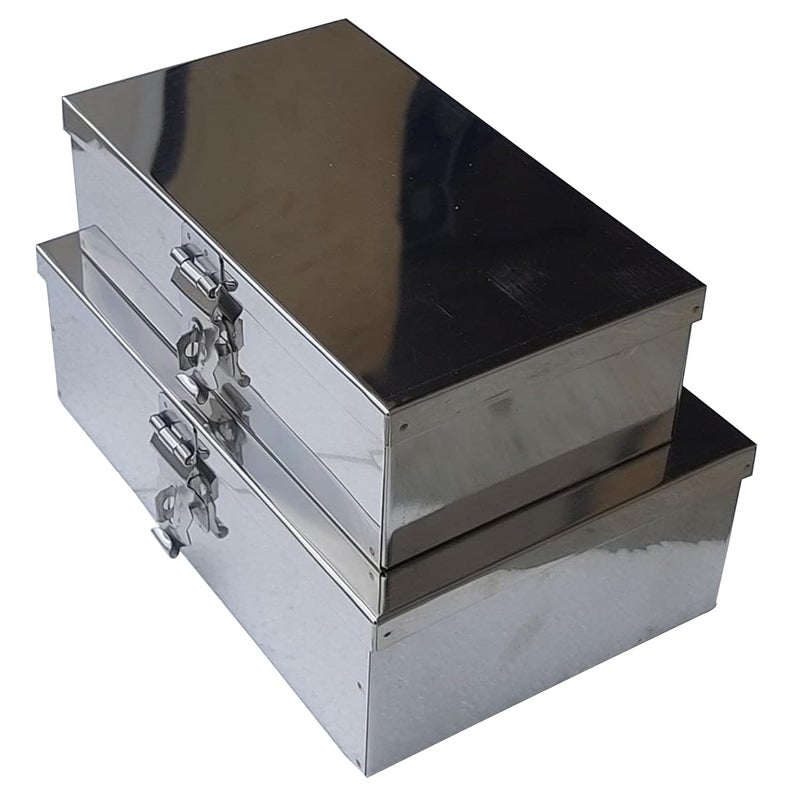 GinoSet Stainless Steel Storage BoxesCash PetiPooja PetiOrganizerVanity BoxSafe Locker Box Set of 2 pieces 8 and 9 Storage Box Steel - Image 2