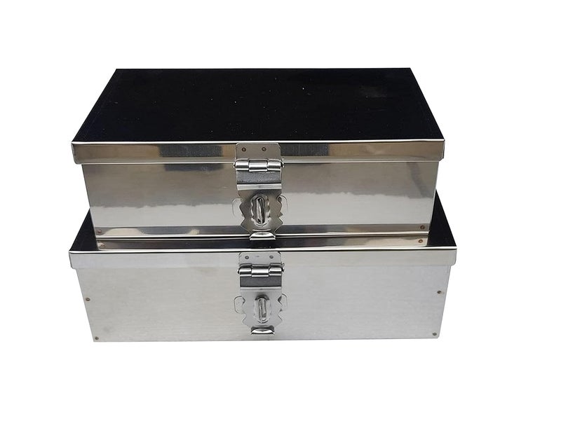 GinoSet Stainless Steel Storage BoxesCash PetiPooja PetiOrganizerVanity BoxSafe Locker Box Set of 2 pieces 8 and 9 Storage Box Steel - Image 1
