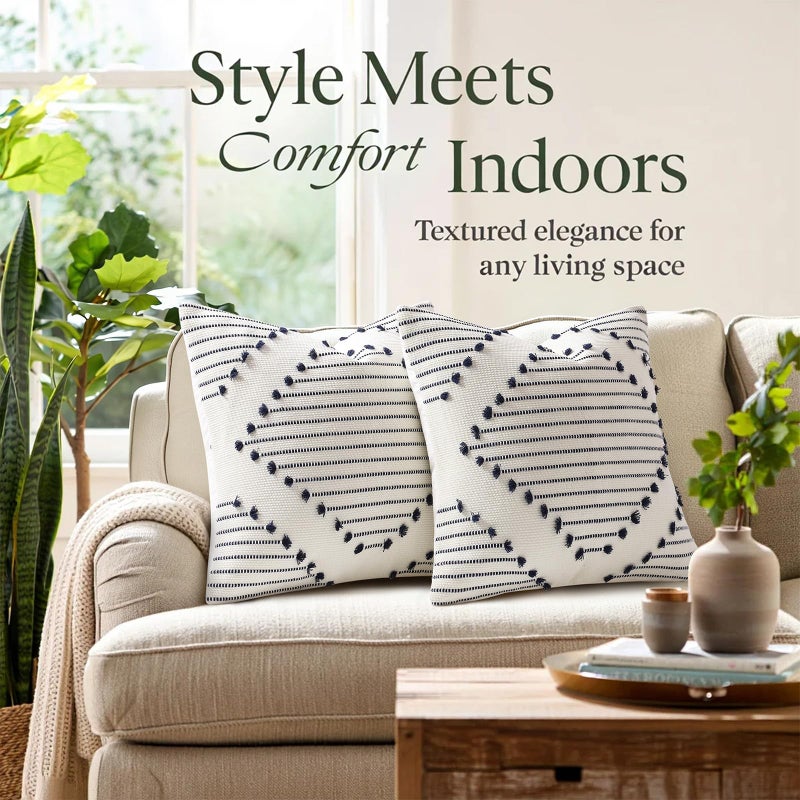 Mecatny Boho Summer Outdoor Throw Pillow Covers 18X18 Set of 2, Farmhouse Decorative Pillow Covers for Couch Sofa Living Room, Navy & Cream White - Image 2