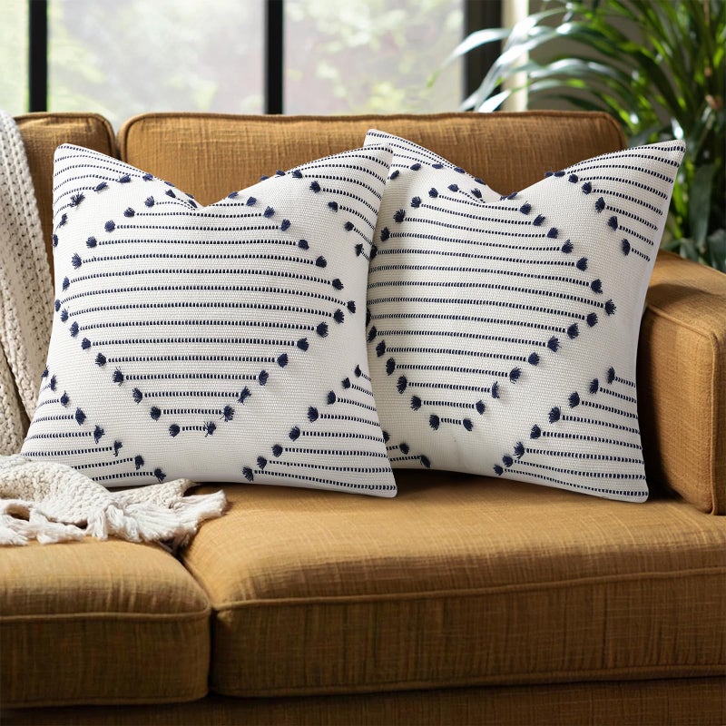 Mecatny Boho Summer Outdoor Throw Pillow Covers 18X18 Set of 2, Farmhouse Decorative Pillow Covers for Couch Sofa Living Room, Navy & Cream White - Image 1