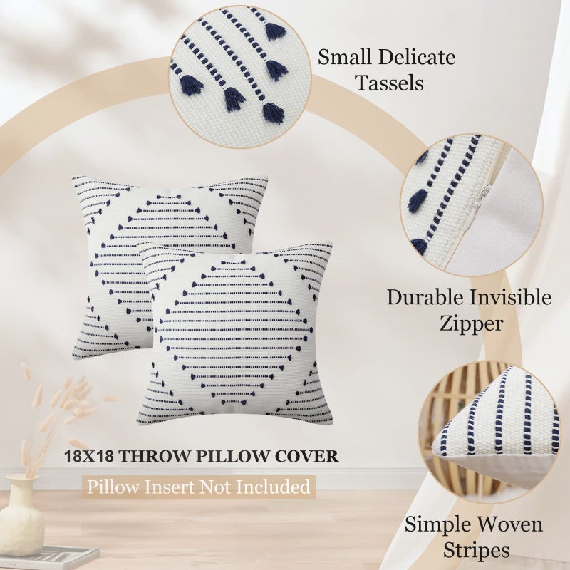 Mecatny Boho Summer Outdoor Throw Pillow Covers 18X18 Set of 2, Farmhouse Decorative Pillow Covers for Couch Sofa Living Room, Navy & Cream White - Image 5