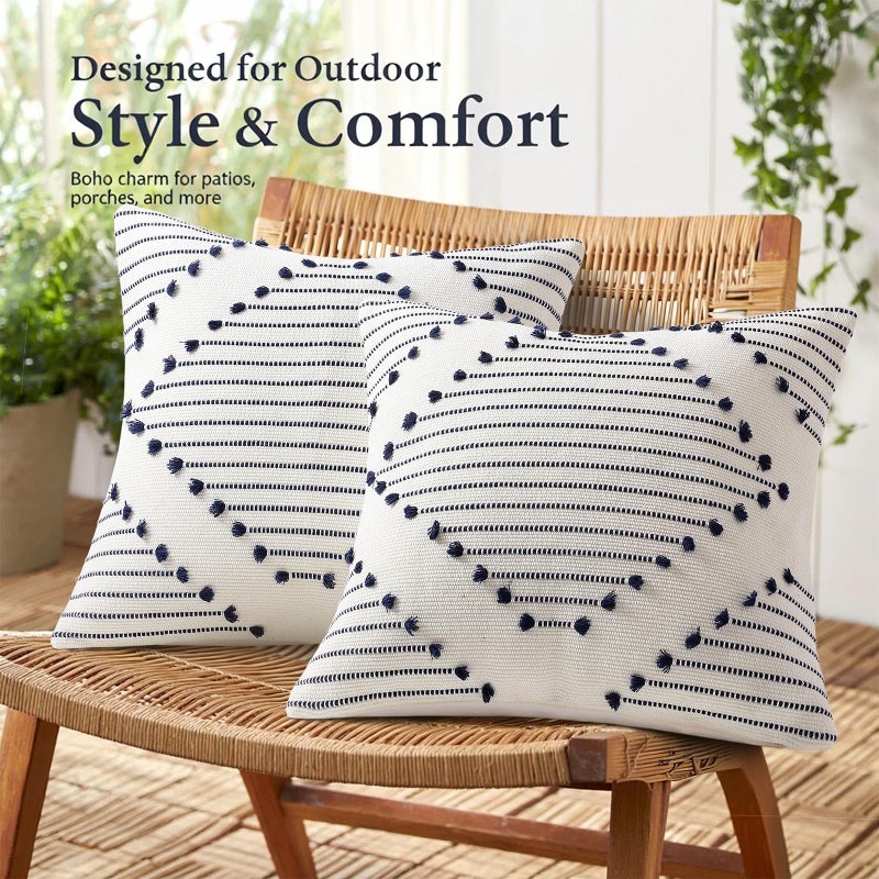 Mecatny Boho Summer Outdoor Throw Pillow Covers 18X18 Set of 2, Farmhouse Decorative Pillow Covers for Couch Sofa Living Room, Navy & Cream White - Image 3