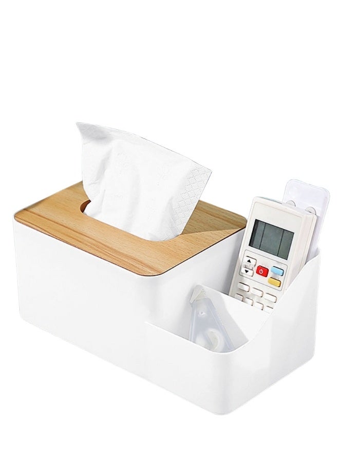 Multi-purpose desk organizer with built-in tissue holder – plastic case with bamboo lid and two compartments for organization – for arranging pens, phone, remote control, tissues and small items - Image 1