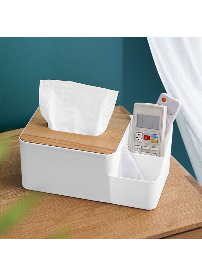 Multi-purpose desk organizer with built-in tissue holder – plastic case with bamboo lid and two compartments for organization – for arranging pens, phone, remote control, tissues and small items - Image 3