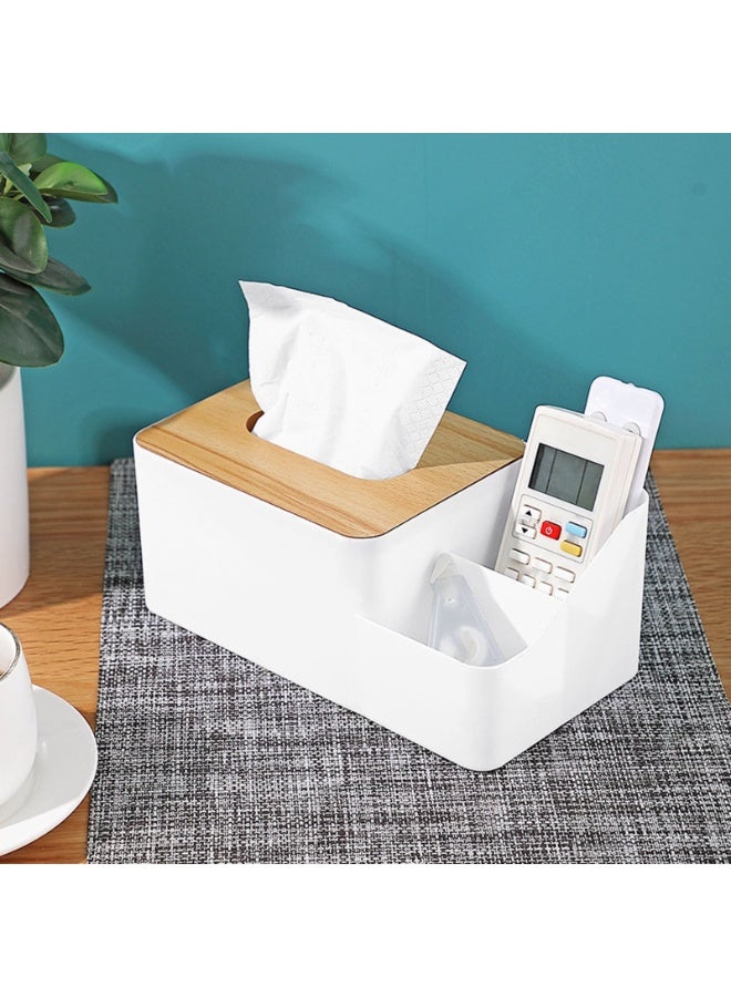 Multi-purpose desk organizer with built-in tissue holder – plastic case with bamboo lid and two compartments for organization – for arranging pens, phone, remote control, tissues and small items - Image 4