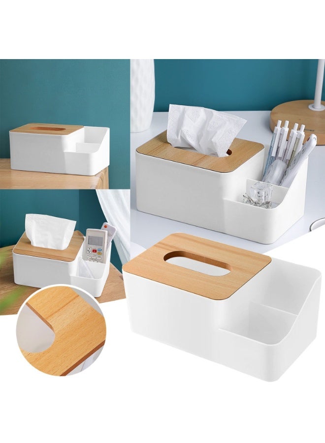 Multi-purpose desk organizer with built-in tissue holder – plastic case with bamboo lid and two compartments for organization – for arranging pens, phone, remote control, tissues and small items - Image 2