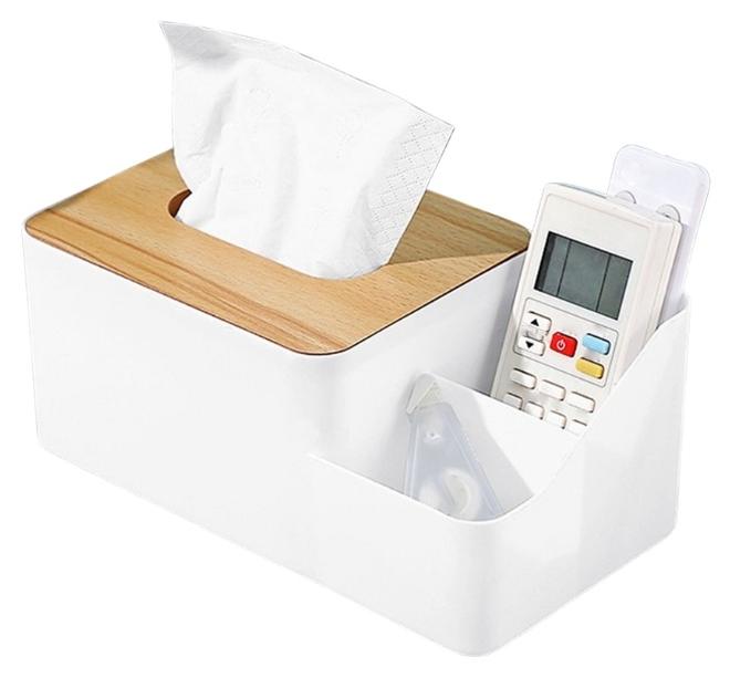 منظم مكتب متعدد الاستخدام مع حامل مناديل مدمج – علبة بلاستيكية بغطاء خشب البامبو وقسمين للتنظيم – لترتيب الأقلام، الهاتف، جهاز التحكم عن بعد، المناديل والأغراض الصغيرة - Image 1