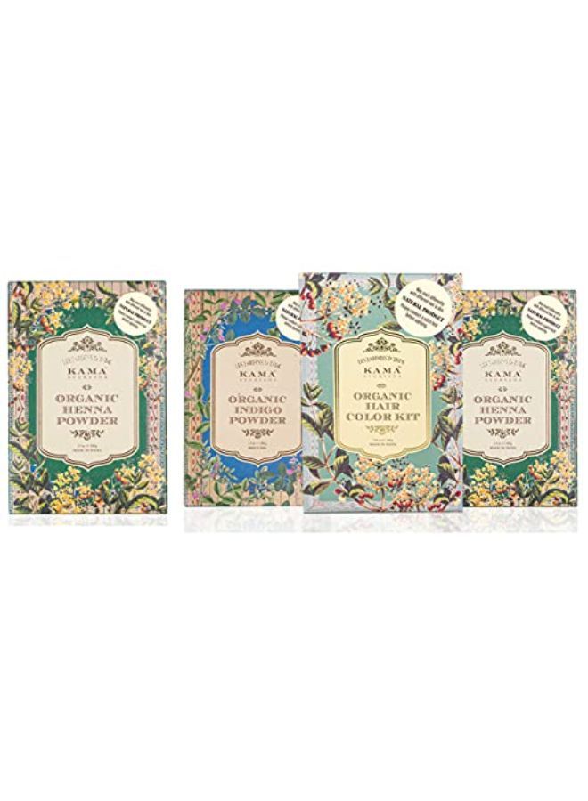 Kama Ayurveda مسحوق الحناء العضوي 100%، 100 جرام ومجموعة صبغة شعر طبيعية عضوية - Image 1