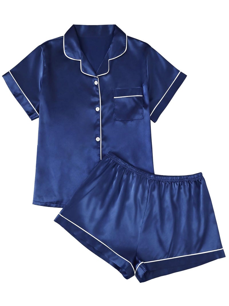 LILLUSORY Silk Satin Pajama Set for Women 2 Piece Lounge Pjs Winter Matching Summer Sleepwear Button Down Shirt Shorts Navy S - Image 1