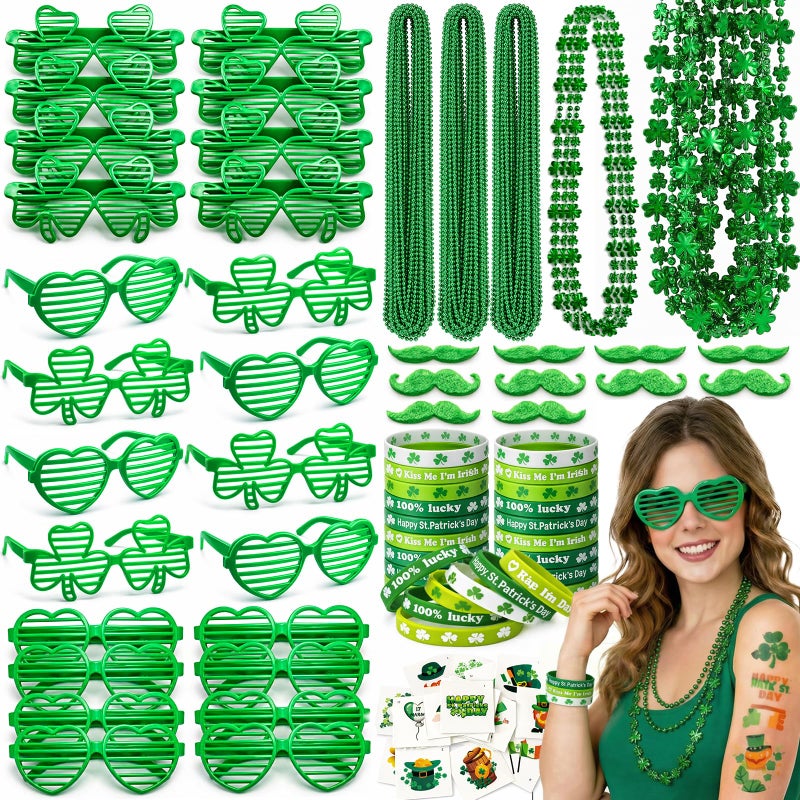 PARTYLOUD St Patricks Day Accessories, St. Patty's Day Party Supplies Include Shamrock Green Heart Glasses Necklaces, Saint Patricks Day Party Pack for Classroom - Image 1